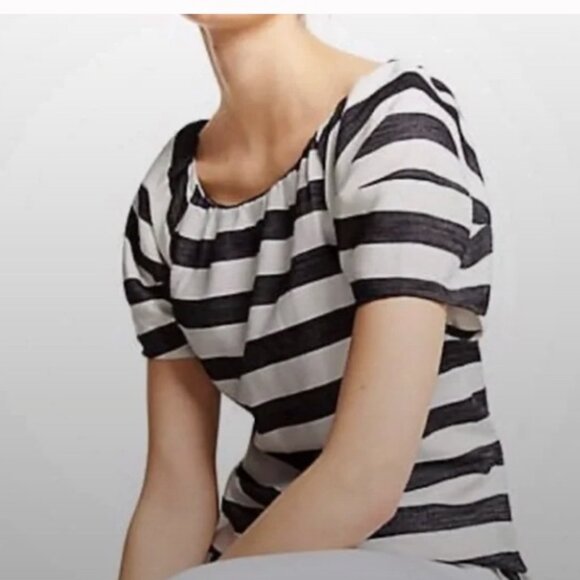 ANN TAYLOR Linen Blend Black White Stripe Short Sleeve Blouse Top Shirt Small - Picture 1 of 9